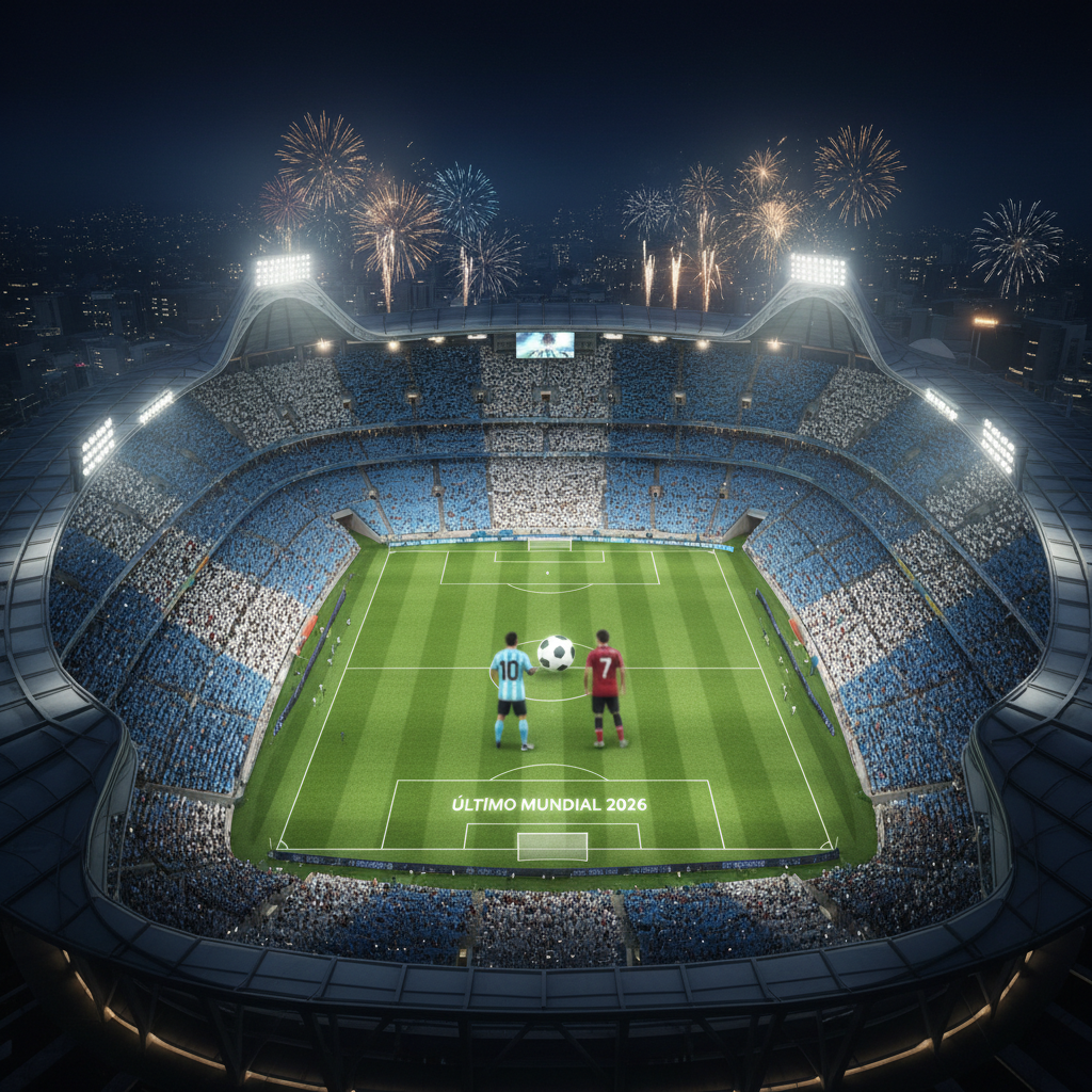 Estadio con gradas llenas durante fase de grupos del mundial 2026 y messi y cristiano ultimo mundial