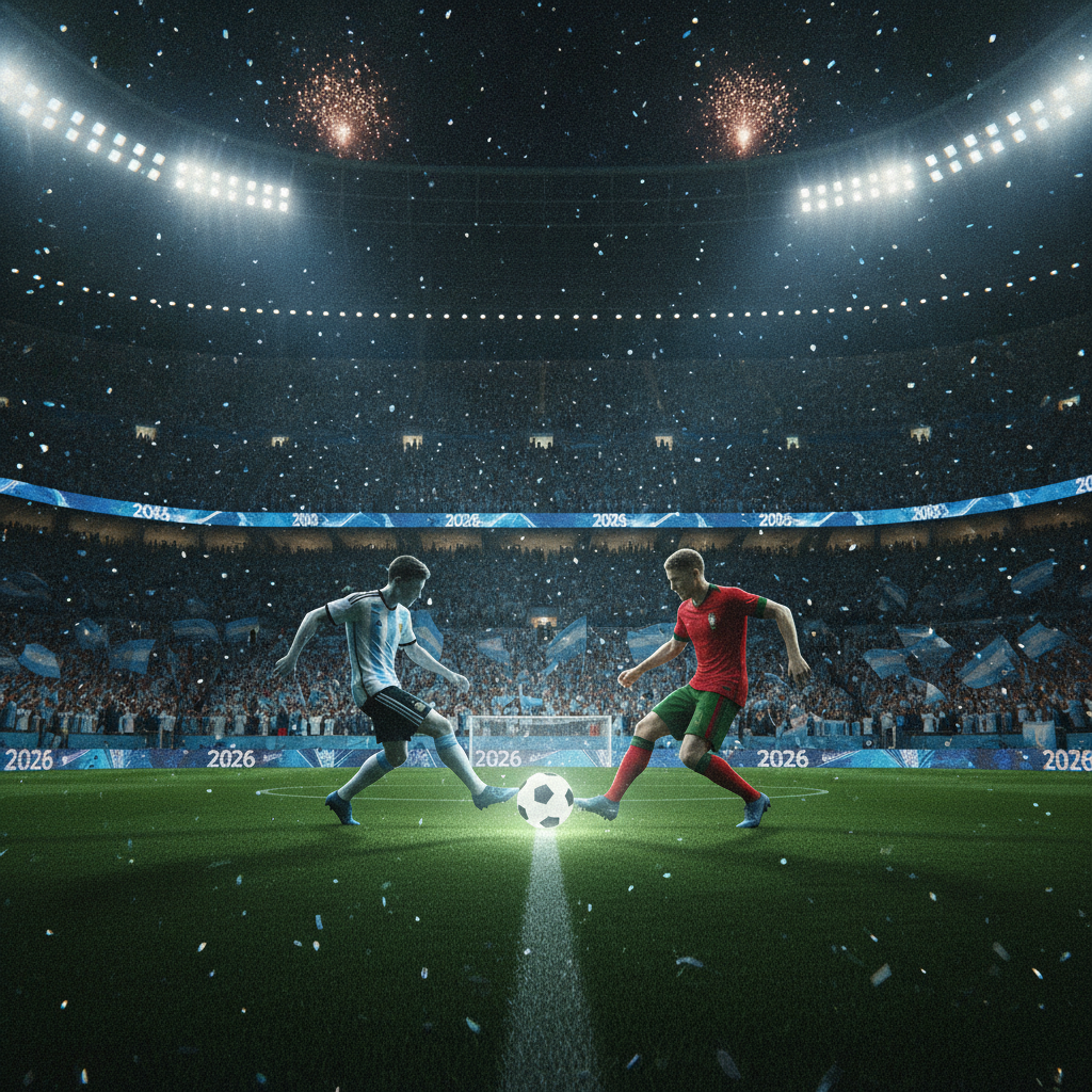Acción de partido en cancha amplia del mundial 2026 con hinchada vibrante y leyendas futbol mundial 2026